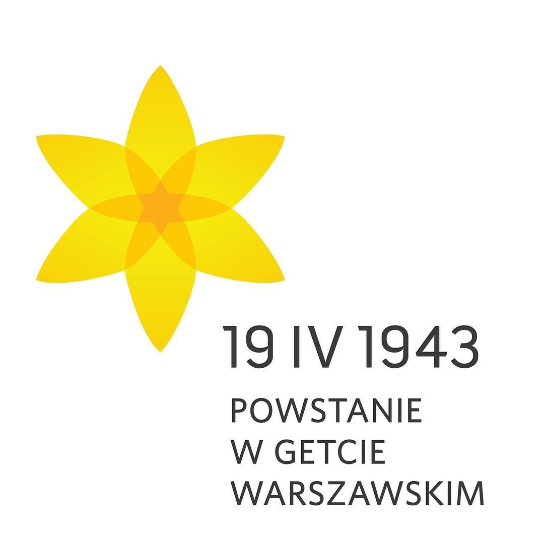Inforgrafika. Żółty żonkil oraz data powstania 19 kwietnia 1943. Napis powstanie w getcie Warszawskim.