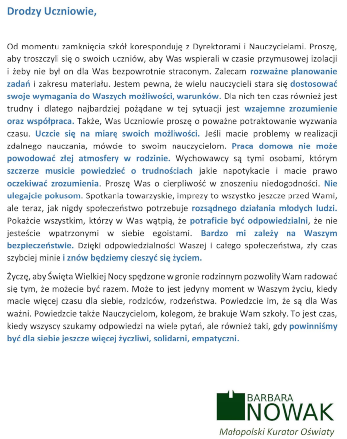 list malopolskie kuratora oswiaty wiekanoc