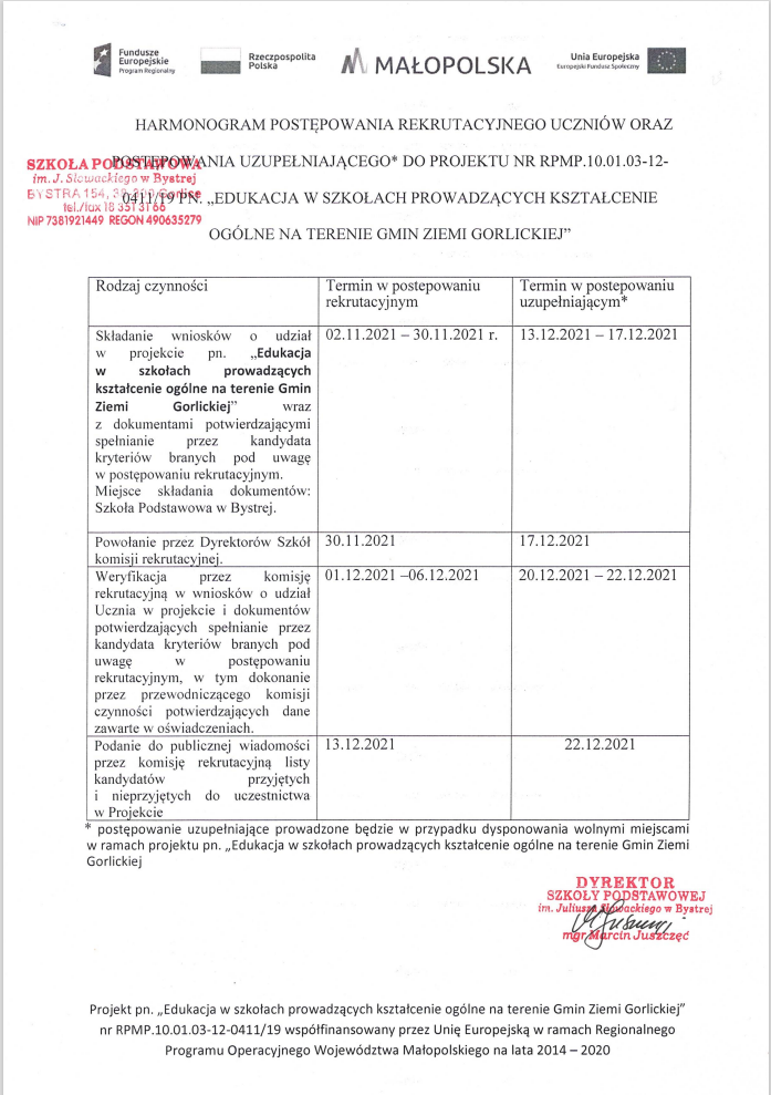 harmonogram rekrutacji uczniowie 1