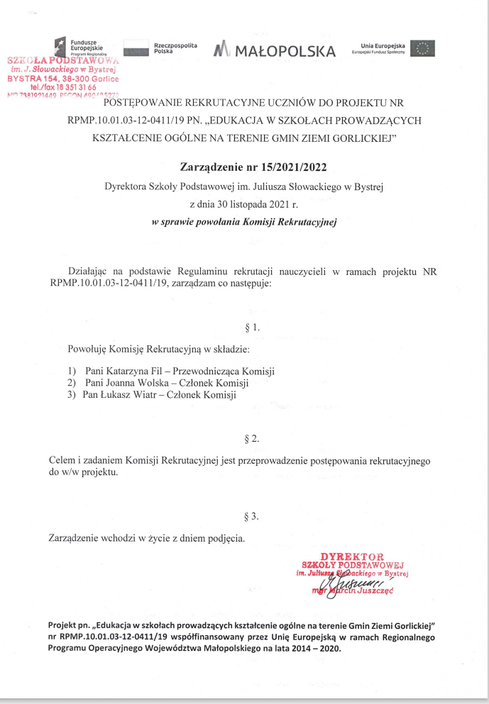 zarzadzenie w&nbsp;sprawie powolania komisji rekrutacyjnej nauczyciele