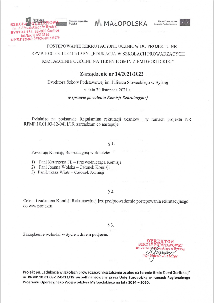 zarzadzenie w&nbsp;sprawie powolania komisji rekrutacyjnej uczniowie